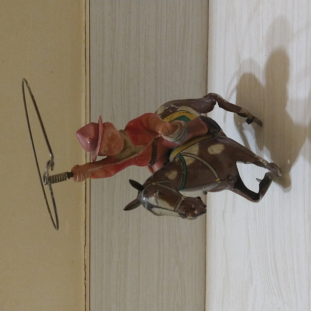 Vintage Japan Alps Toy Co. Celluloid Cowboy/Tin Horse Windup Toy